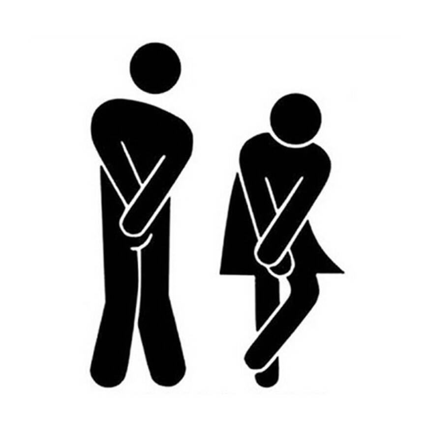 Desenho de bonecos apertados para ir ao banheiro urinar.